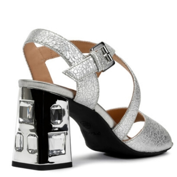 Geox Metallic Silver Rhinestone Jeweled Block Ankle Strap Heels NWT - Picture 2 of 16